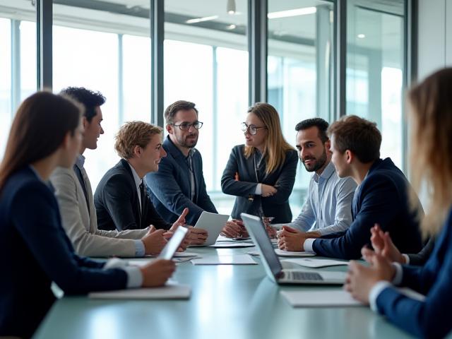 Équipe de consultants collaborant dans un environnement de travail dynamique et moderne.